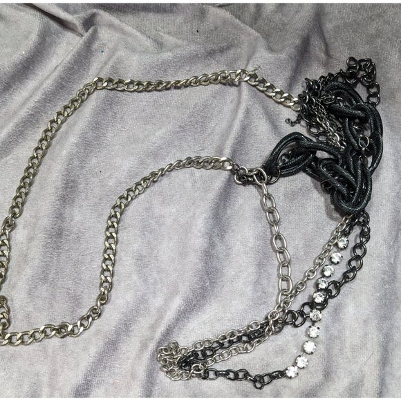 Glam Goth Black And Silver Tone Abstract Chain Necklace With Rhinestone Accents - Picture 5 of 5